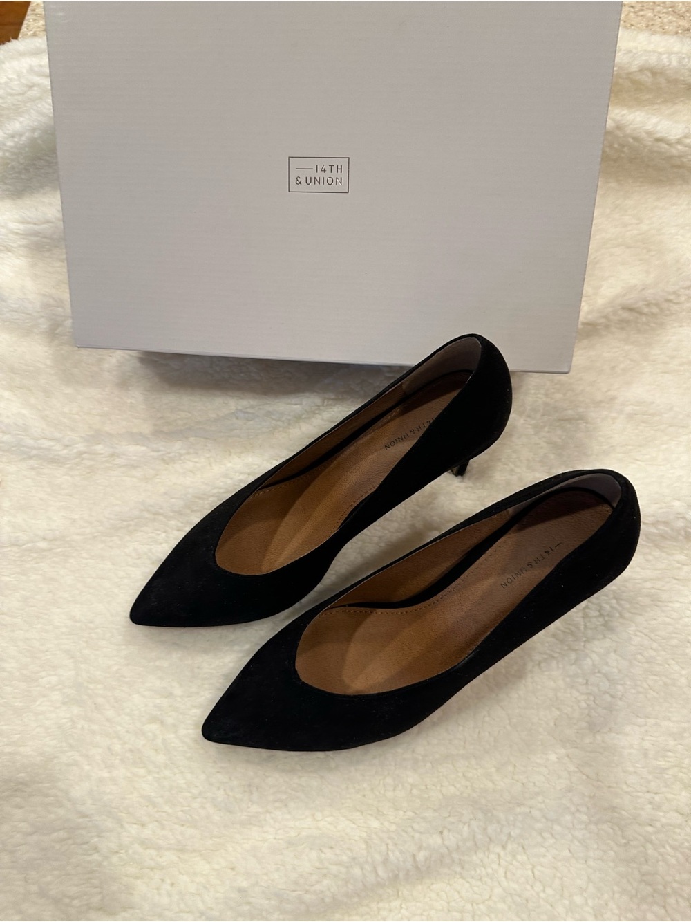 14th & Union Black Suede Pointed Kitten Heel Pumps